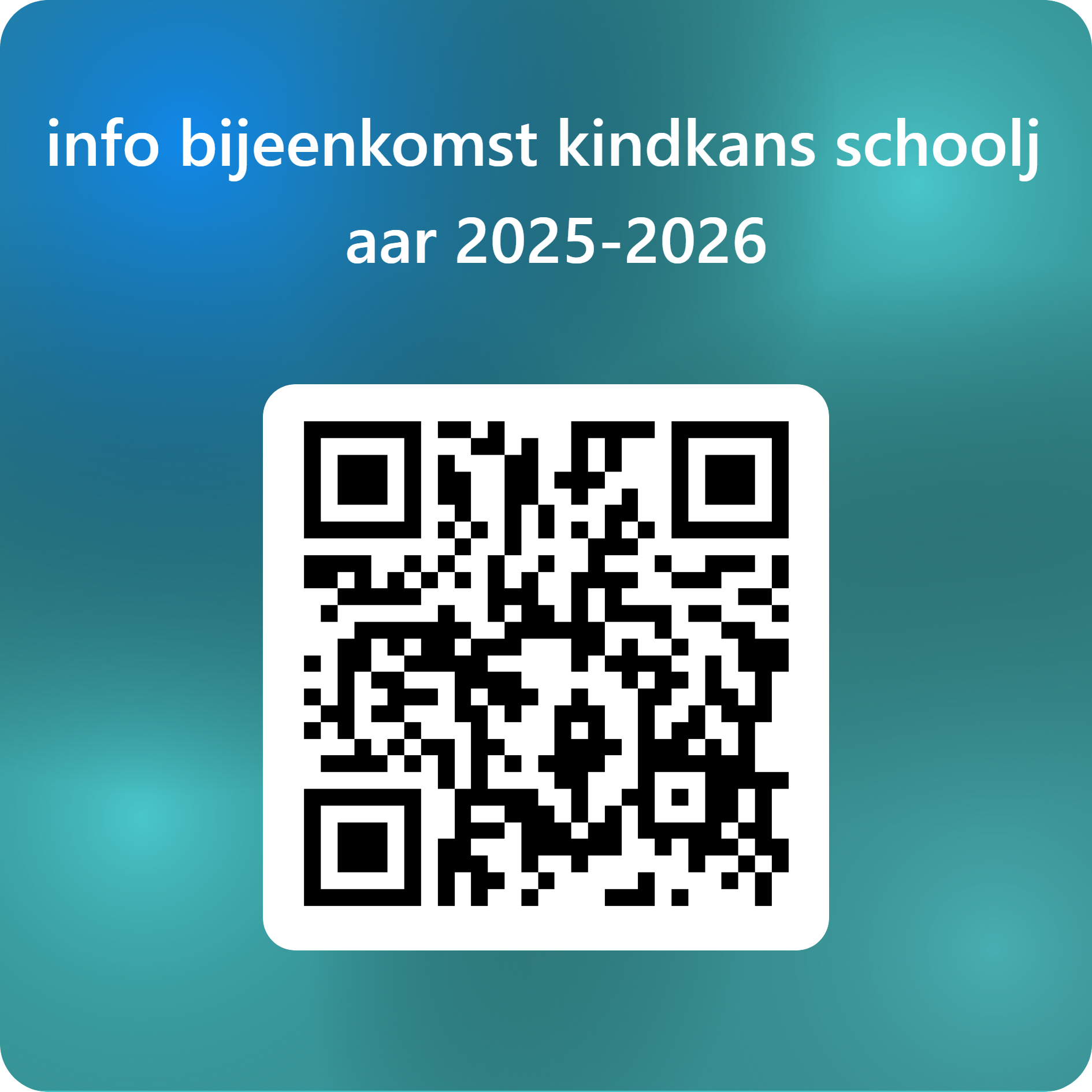 QR code voor informatie over kindkans schooljaar 2025-2026 Je kan deze inhoud niet bekijken.
Deze inhoud kan cookies van social media of andere externe platformen bevatten. Aanvaard cookies om de inhoud weer te geven. QR code voor informatie over kindkans schooljaar 2025-2026